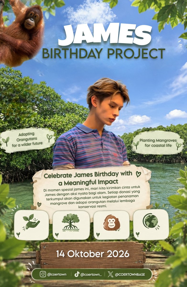 shrrymyno's tweet photo. Hello everyone!!
Shift your gaze over here now!! 👀🤎
Dalam rangka menyambut ulang tahun James, COERTOWN telah mengadakan project penanaman mangrove dan adopsi ulang utan sebagai bentuk hadiah dan apresiasi ata segala perjuangan James hingga saat ini.🤎💚

Kami juga mengajak- https://t.co/8rUr0Eohg1