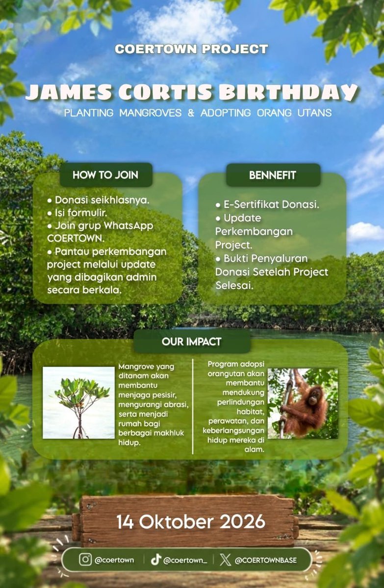 shrrymyno's tweet photo. Hello everyone!!
Shift your gaze over here now!! 👀🤎
Dalam rangka menyambut ulang tahun James, COERTOWN telah mengadakan project penanaman mangrove dan adopsi ulang utan sebagai bentuk hadiah dan apresiasi ata segala perjuangan James hingga saat ini.🤎💚

Kami juga mengajak- https://t.co/8rUr0Eohg1