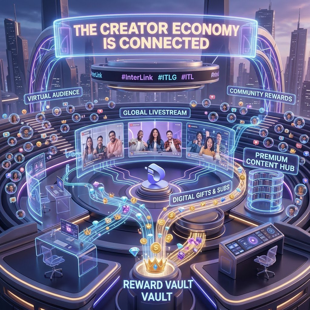Iukhan1122's tweet photo. Experience the future of content! THE CREATOR ECONOMY IS CONNECTED. Engage with global livestreams, send digital gifts, unlock premium content, and earn community rewards—all powered by a seamless, glowing network. #InterLink #ITLG #ITL https://t.co/HpiMxTAkeI