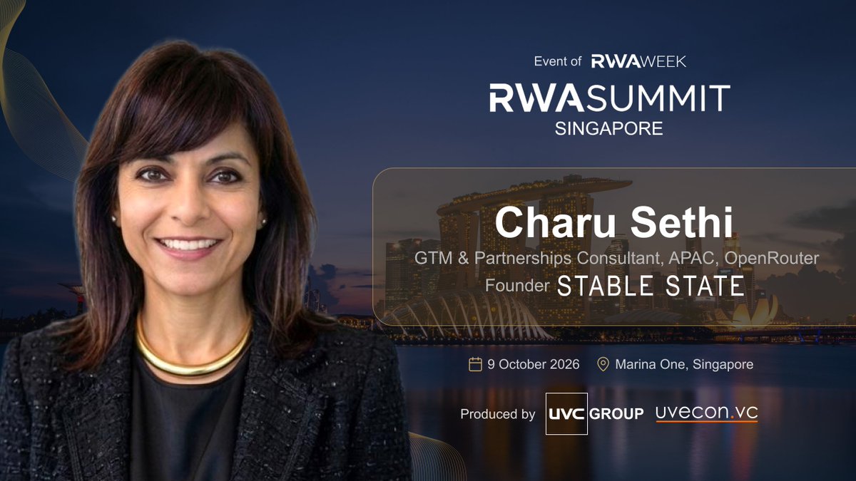rwasummitglobal's tweet photo. Charu Sethi, Founder at StableState, joins @rwasummitglobal  SINGAPORE  🇸🇬

Charu is a go-to-market leader with 16 years of experience across enterprise technology, digital assets, and financial infrastructure, including 8 years bringing frontier technologies in blockchain and AI to market. As Founder and Principal of @stablestatecc , she specializes in category creation, ecosystem and distribution building, and securing institutional trust for emerging technology platforms.     

Her track record spans leading IBM's financial services business in APAC and holding CMO leadership roles across the blockchain infrastructure layer.     

She will speak about go-to-market strategies for frontier technologies, building institutional trust in digital asset ecosystems, and driving commercial growth across blockchain and AI infrastructure.

• When: 9 October 2026 | 09:00 - 18:00 SGT 
• Where: Marina One, 5 Straits View (5-min walk from Marina Bay Sands)  

👉 Register now to hear insights from our speakers: https://t.co/lof4x0id9q  

✍️ @rwasummitglobal Strategic Partners: @LynxcapDeFi | @dydxfoundation | @investax | @IxsFinance | @TheoriqAI | https://t.co/mnDbgbxcDb 

 🤝 @tokenisedglobal VIP Summit Co-host: @TRMLabs 

🙌  THE DEALFLOW Co-host: https://t.co/qCBFDaWRxH 

 •  Powered By: @UveconVC | @rwaweek series production  •