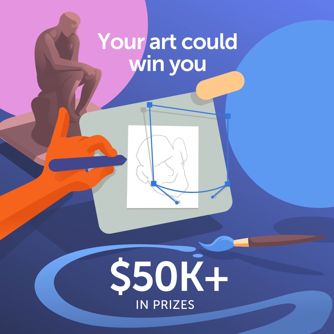 Digital illustration promoting an art contest with the text 'Your art could win you $50K+ IN PRIZES', featuring a hand sketching a figure next to a thinking statue and a paintbrush.