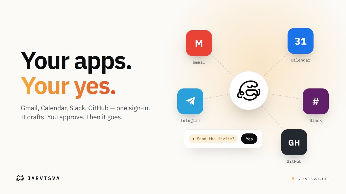 JarvisVArh's tweet photo. Connect Gmail, Calendar, Slack or GitHub with one sign-in.

It drafts the email, the invite, the message. You read it. You say yes. Then, and only then, it goes.

https://t.co/ofghXKst4w https://t.co/qbgkTZUvP3