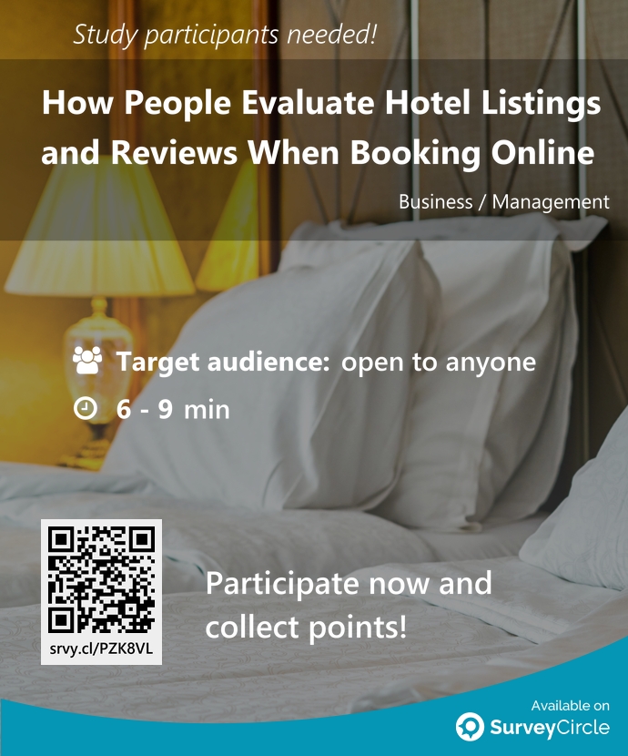 SurveyCircle's tweet photo. Participants needed for top-ranked study on SurveyCircle:

"How People Evaluate Hotel Listings and Reviews When Booking Online" via @SurveyCircle

#HotelBooking #OnlineReviews #ConsumerDecisionMaking #ConsumerBehavior #survey #surveycircle https://t.co/excmAFjFEf