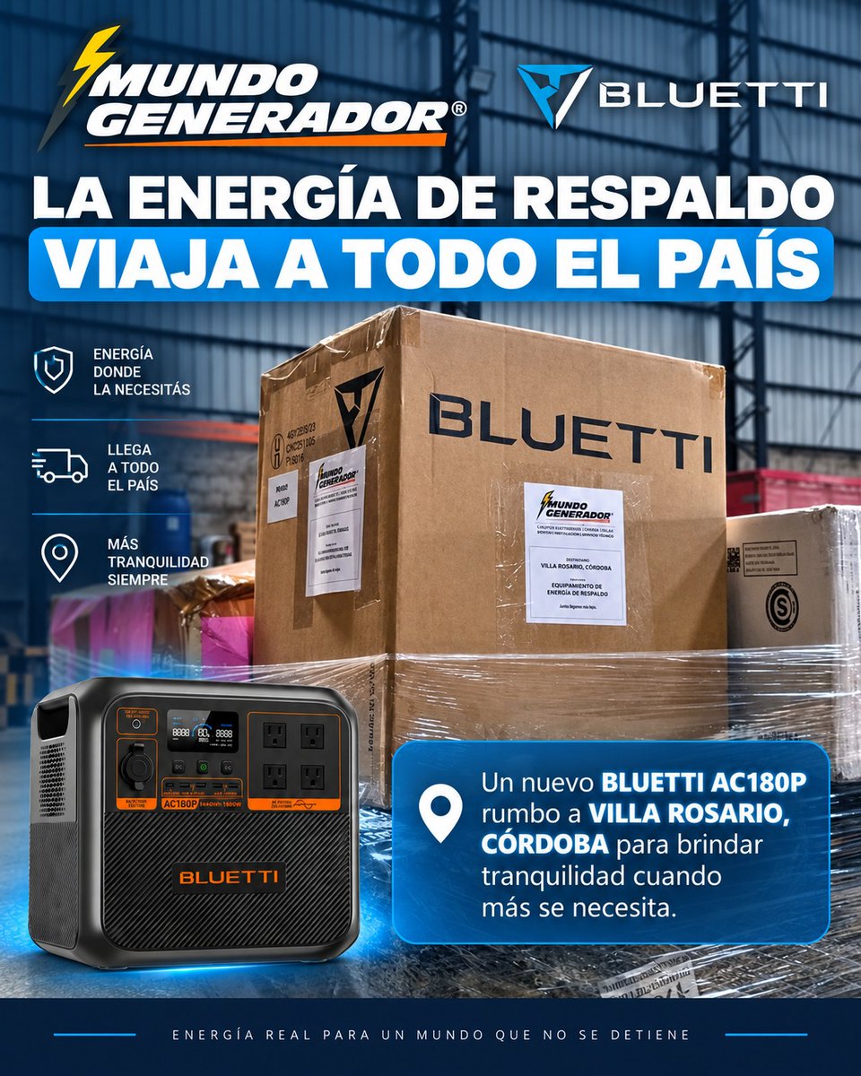 MundoGenerador's tweet photo. ¡Un nuevo BLUETTI AC180P viaja rumbo a CÓRDOBA!📦⚡
Cada envío representa un cliente que eligió contar con una solución de energía confiable, silenciosa y versátil.
Es ideal para quienes buscan energía de respaldo o portátil con la calidad y tecnología que caracteriza a BLUETTI🔋 https://t.co/I3ETmR5UkI