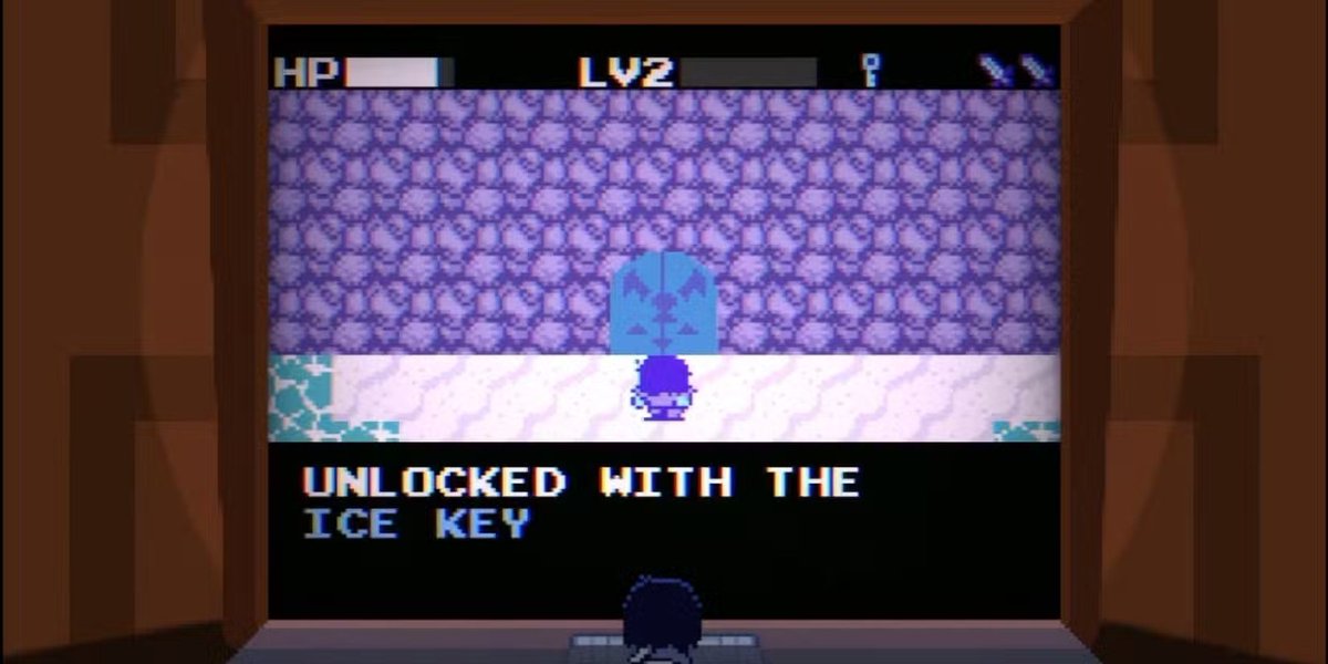Darko97368936's tweet photo. @hkgrimmspet Lancer sleeps in the "key items" menu and opens kris' cage in queen's mansion in ch2, lancer is the ice key from the mantle game, he's also a prince.

he'll get used up along with noelle and kris. https://t.co/yez4m2qfzW