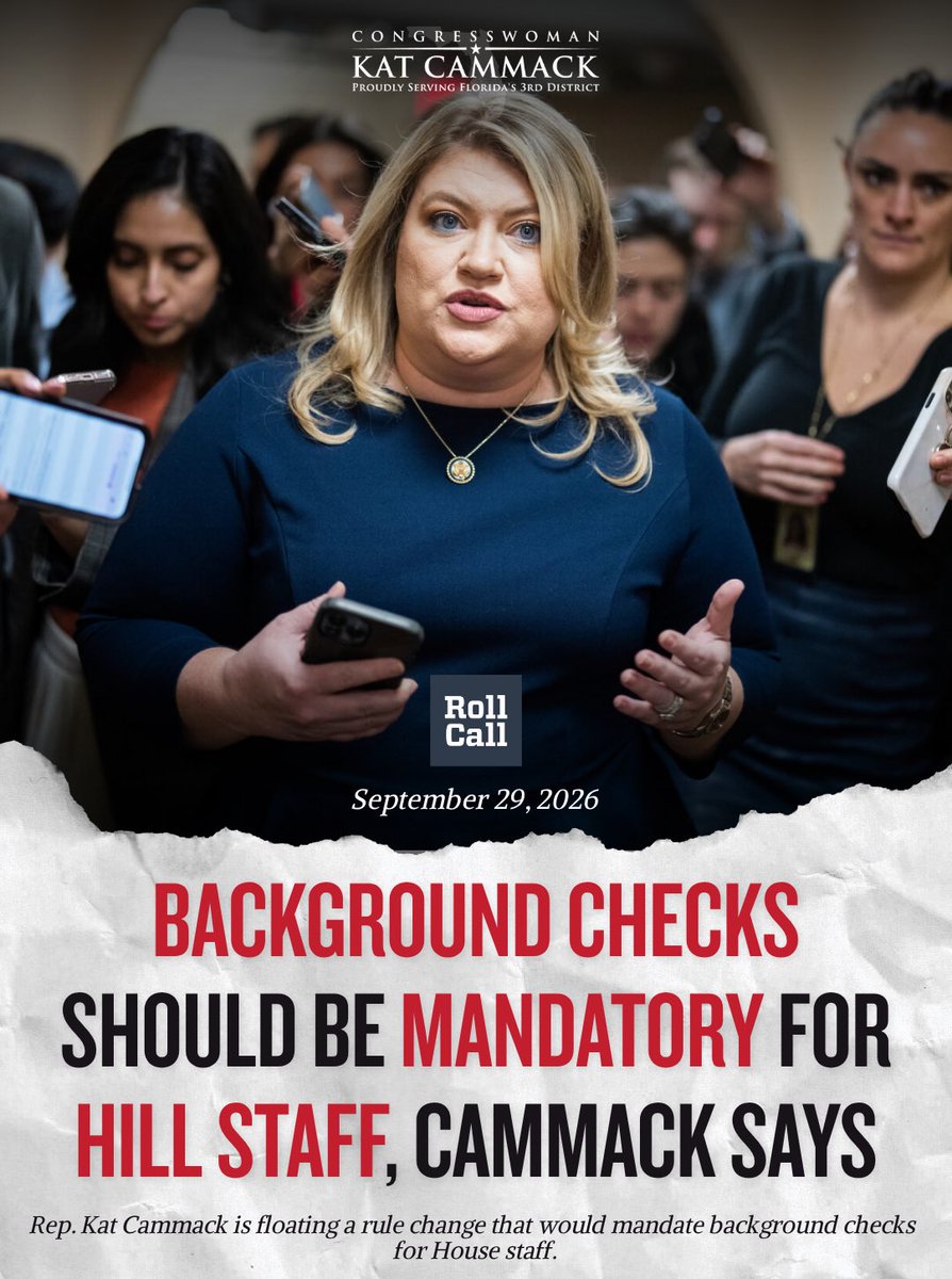 RepKatCammack's tweet photo. Members of Congress can hire staff without a mandatory criminal background check. 

Let that sink in.

If you work with kids, you need one. If you care for seniors, you need one. If you handle money, sensitive information, or hold a professional license, you need one. Teachers, nurses, bank tellers, bus drivers, even volunteers in the church nursery.

But the House? No mandatory requirement for its own staff, even though they handle sensitive information and serve the public every day.

Congress holds Americans to a standard it refuses to hold itself to. Not on my watch.

That’s why I introduced H.Res. 500 to require criminal background checks for House staff and disclosure of payments or agreements with foreign governments.

This is the least the House should be doing. Taxpayers deserve to know that the people on their payroll are acting in their best interests. 

I’m fighting to restore trust and accountability in the People’s House, and that starts with getting these basic safeguards in place.

Read the full article below ⬇️ 
https://t.co/kkHnPpT6fJ
