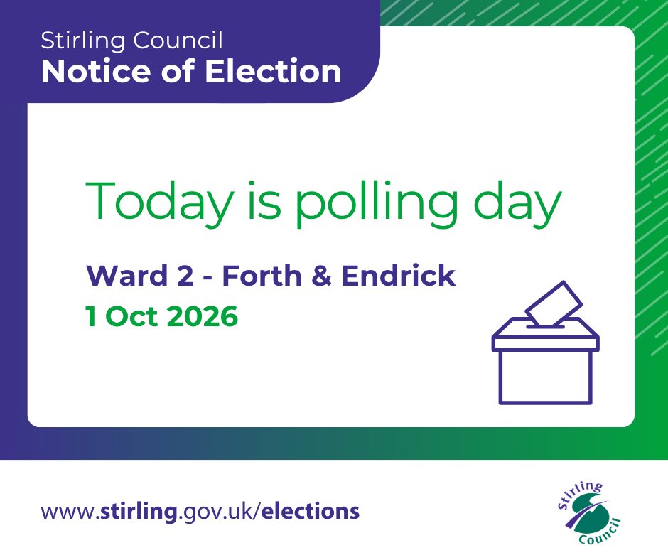 StirlingCouncil's tweet photo. 🗳 Polling places have now opened for the by-election in Forth and Endrick (Ward 2). They will be open until 10pm today (1 October).

Your polling place will be on your poll card, which you should have received through the post. You do not need a poll card or any form of ID with you to vote at the polling place.

For your postal vote to be counted in the by-election, it must be received by 10pm today. If you have lost or not received your postal vote, please contact the Election Team on 01786 233068 to arrange a replacement before 10pm.

Replacement postal packs can now only be issued in person at Old Viewforth, Stirling, FK8 2ET.

If you have missed the post, you can hand your postal vote in today at any polling place or at Old Viewforth, Pitt Terrace, Stirling FK8 2ET.

If you found out after 5pm on Wednesday 16 September 2026 that you are unable to attend the polling place today due to a medical, work or another specified reason, you may be able to apply for an emergency proxy vote by contacting the Electoral Registration Office by 5pm today.

More info at: https://t.co/9cm9GoOcQ9