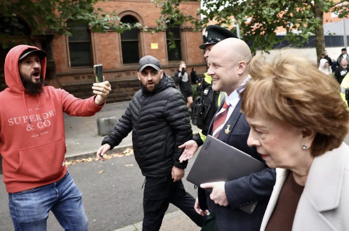 JamieBrysonLLB's tweet photo. Over this last week Sinn Fein have whipped up a lawless hate mob. I have been threatened more times than I can account for; I have had to take security measures due to threats to my 11 year old son. A mob sought to attack me, Carla Lockhart MP Diane Dodds and Dean McCullough (two people have been arrested). 

Diane Forsythe has been abused, as has Jonny Buckley. 

SF’s mob laid siege to the court with O’Neill and McDonald leading the charge, trying to intimidate the Lady Chief Justice and independent judiciary. 

Legal representatives for Orangemen have now also been threatened, and their staff threatened, and some have required police protection. 

Those who led that mob to the court and on the Garvaghy Road, and who have essentially sought to defy law and order are responsible for all this. 

Our community have behaved entirely lawfully and peacefully at all times. We aren’t threatening anyone or anything. 

The tolerance of the nationalist/republican mob raises serious questions about the rule of law. 

But make no mistake; none of us will be bullied or intimidated by the mob. So to those threatening, to the mob, you won’t bully us. 

We trust the rule of law, and we simply ask the State upholds it.

Tonight I’ll be in Portadown as I believe will Carla and the rest at the community cultural event at Edgarstown at 6pm. Come and stand with us, and with the loyal people of Portadown and the lawful 35 🇬🇧🇬🇧

Here we stand, we can and will do no other!
