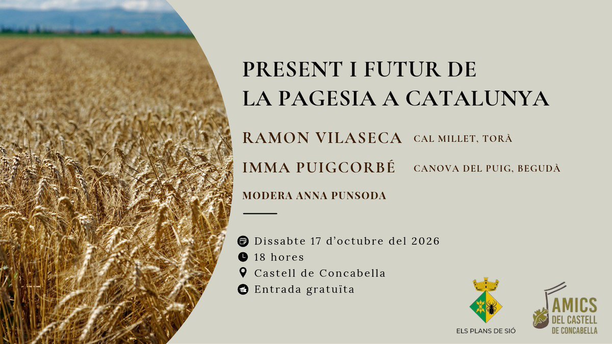 PunsodaRicart's tweet photo. Amics: dissabte 17 d'octubre parlarem del tema que més ens preocupa amb dues persones que ho viuen i hi han pensat a fons. Feu-ho córrer! 

@Espitllera @ccsegarra @SomSegarra @jolival65 @eljordibonilla @AmicsConcabella @CConcabella @JmSantesm @mgargante @immaps @uniopagesos https://t.co/OTCxKnuf0U