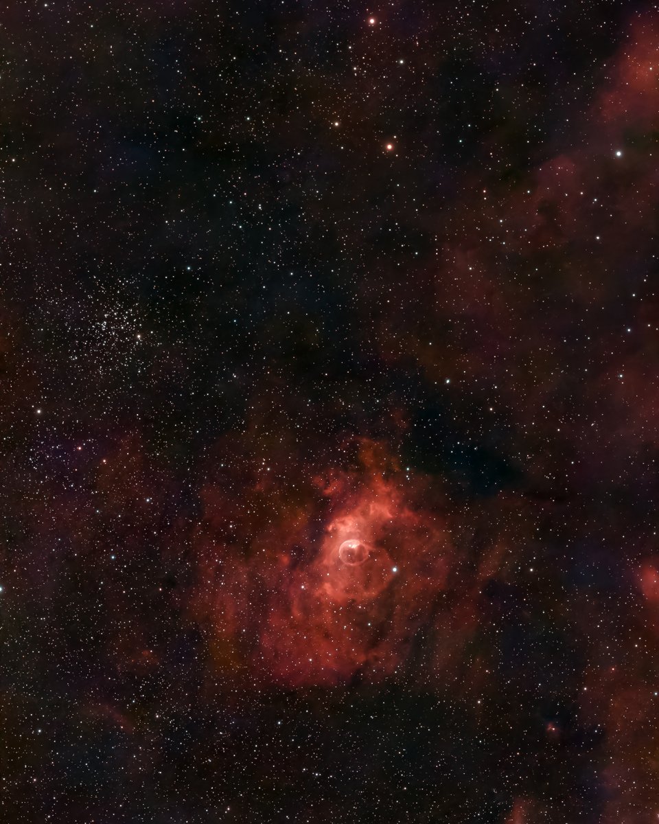 DronieCarp's tweet photo. Floating ~7,100 light-years away in Cassiopeia: The Bubble Nebula (NGC 7635) &amp; open star cluster M52. A fierce stellar wind from a massive central star blown into a 7-light-year cosmic sphere. Captured with a dual-band filter over 459 frames. 🔭✨ #Astrophotography #Space https://t.co/Yz7WLBKFwI