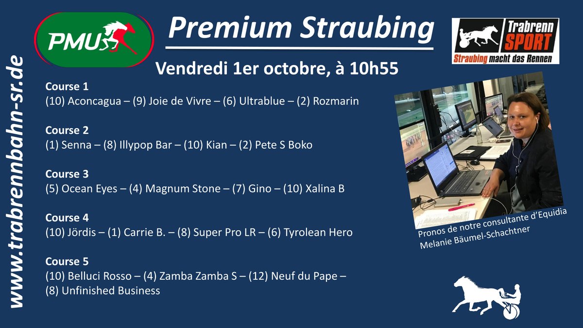 TrabrennbahnSR's tweet photo. Straubing ouvre la saison d’automne  - Belle réunion PMU avec 5 courses premium -  Jeudi 1er octobre, les opérations débuteront à 10h30 avec cinq courses retransmises en France. 
https://t.co/BGdGpCFYsc

#letrot #pari #parihippique #PMU #equidia #straubing #prémium #trot #setf https://t.co/DAkw193MMM