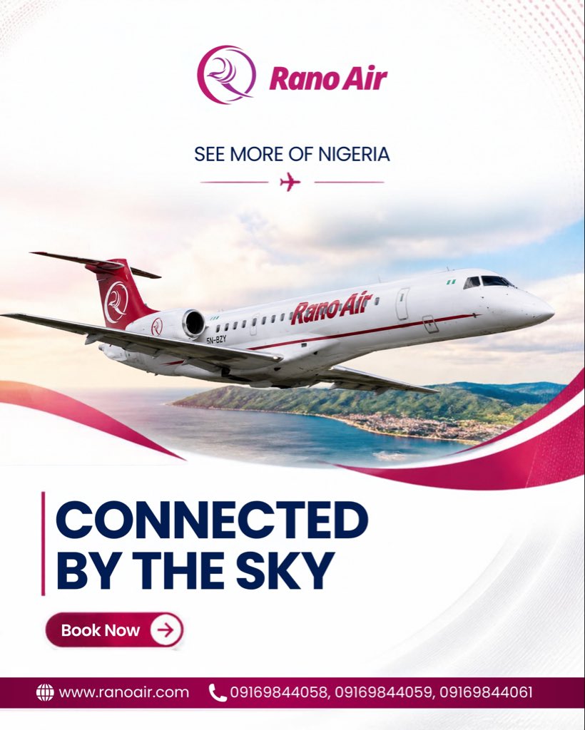 RanoAir's tweet photo. Rano Air connects you to all of Nigeria through the sky!
#RanoAir
#StayConnected
#LiftingYouToArriveSafely
#ConnectedByTheSky https://t.co/RY75rNUY5j