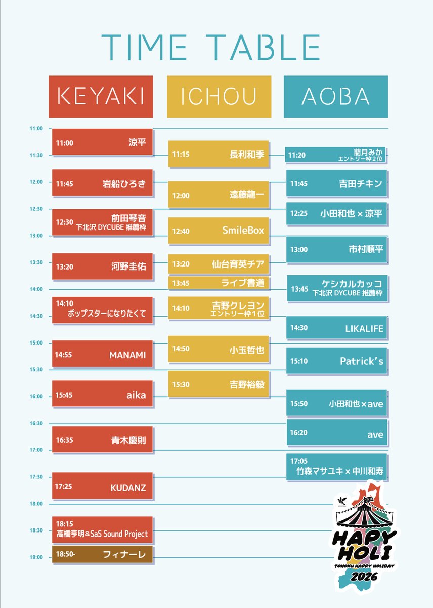 T_HAPPYHOLIDAY's tweet photo. 【※訂正版※大拡散希望！】

10/25（日）仙台 西公園（お花見広場）
「東北HAPPYHOLIDAY2026」

タイムテーブル公開！
どう回るか想像を膨らませてください＾＾

クラウドファンディングも佳境です！
https://t.co/Y3e1oytkRI

ボランティアスタッフ募集中！
https://t.co/m6mjYT7gTw

#ハピホリ2026 https://t.co/MUu9n70VrK