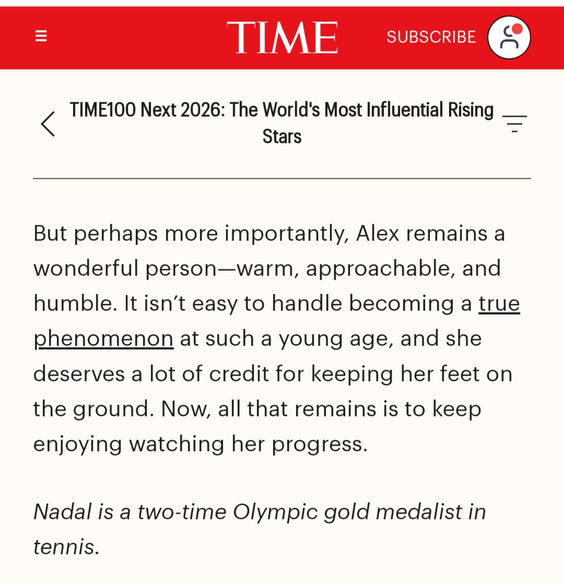 lerreyn's tweet photo. "It isn’t easy to handle becoming a true phenomenon at such a young age, and she deserves a lot of credit for keeping her feet on the ground." -Rafa Nadal

Alexandra Eala is included on Time100 Next 2026: The World's Most Influential Rising Stars. https://t.co/ru0w6K9XWw