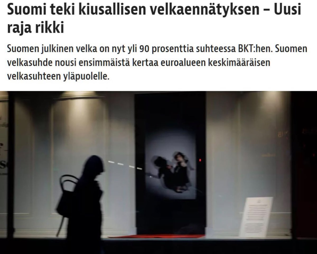 DebatteDirekt's tweet photo. Finnlands Staatsverschuldung erreicht Rekordwert von 90,3 Prozent des BIP und liegt erstmals über dem Euroraum-Durchschnitt. Die Schulden stiegen im Vergleich zum Vorjahr um 13,6 Milliarden Euro, berichtet die Zeitung Iltahti. https://t.co/DPHaHGQA3I