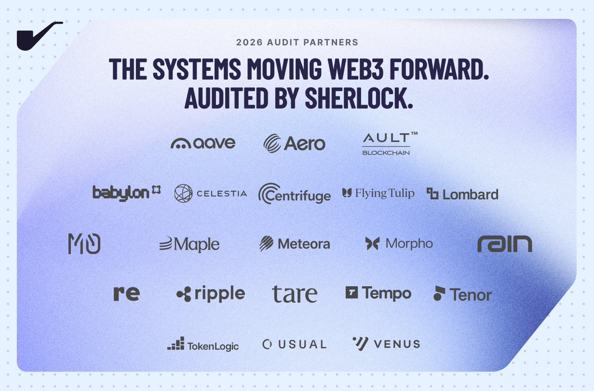 sherlockdefi's tweet photo. The next bull market is coming into view. Our partners never stopped building.

In 2026 we’ve worked with leading teams across stablecoins, payments, lending, trading, tokenization, Bitcoin infra &amp; core infrastructure.

Sherlock was trusted to secure the code behind them. https://t.co/TwE2nBVyMb