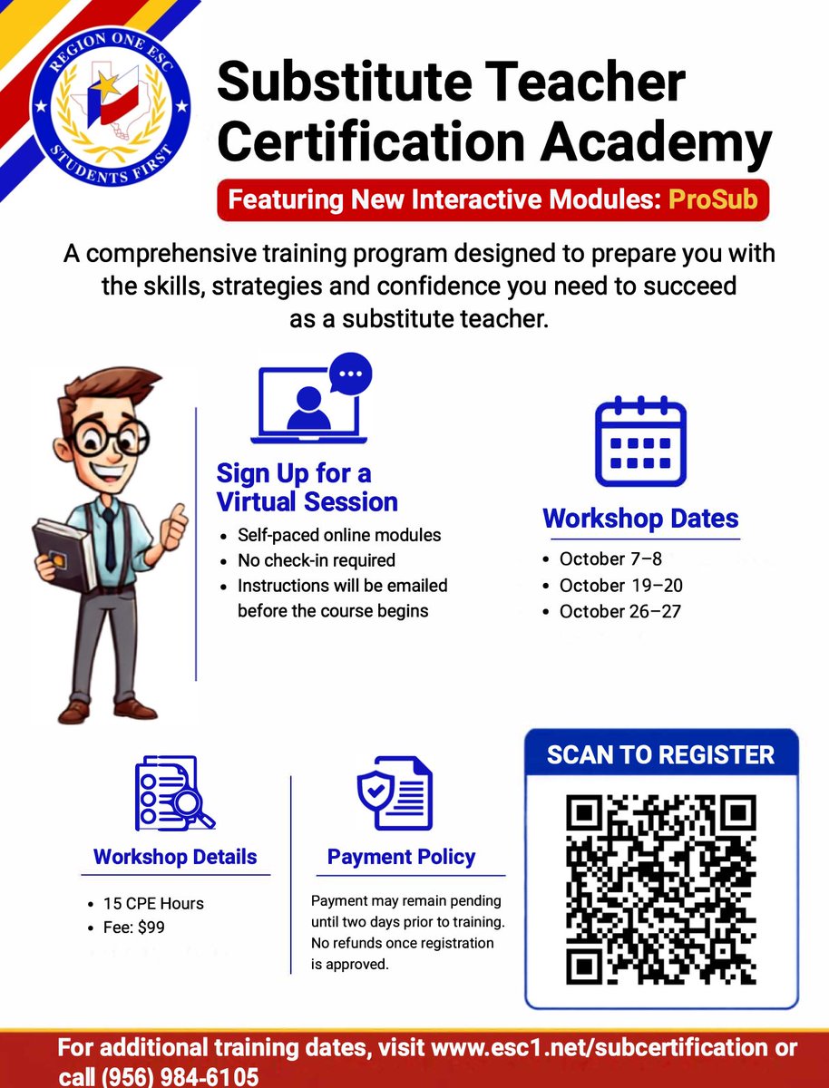 RegionOneESC's tweet photo. 🆕 Opportunity to become a certified substitute teacher! The Region One ESC Substitute Teacher Certification Academy helps you prepare to support students in the classroom. Register to earn your Region One ESC Substitute Teacher Certification.

Register: https://t.co/hYRN6zoG3U https://t.co/rGmGVqk2C0
