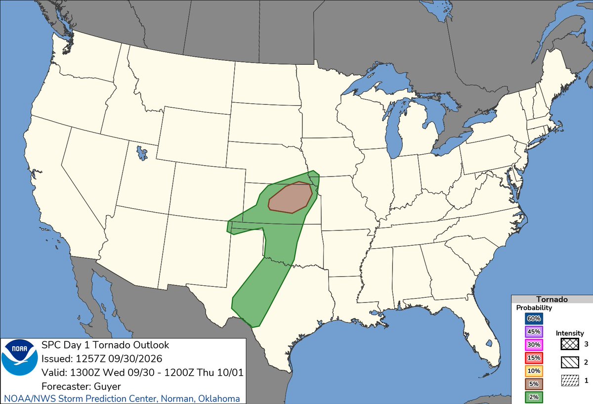 MesoPulse's tweet photo. ⚠️ OUTLOOKS CONVERGE ON KANSAS

SPC raised today’s tornado outlook to 5% across parts of Kansas and southern Nebraska matching the focused 5% corridor MesoPulse highlights this morning.

A few tornadoes are possible later today.

Reanalyzed hourly: https://t.co/USN4yAezMs #KSwx #NEwx
