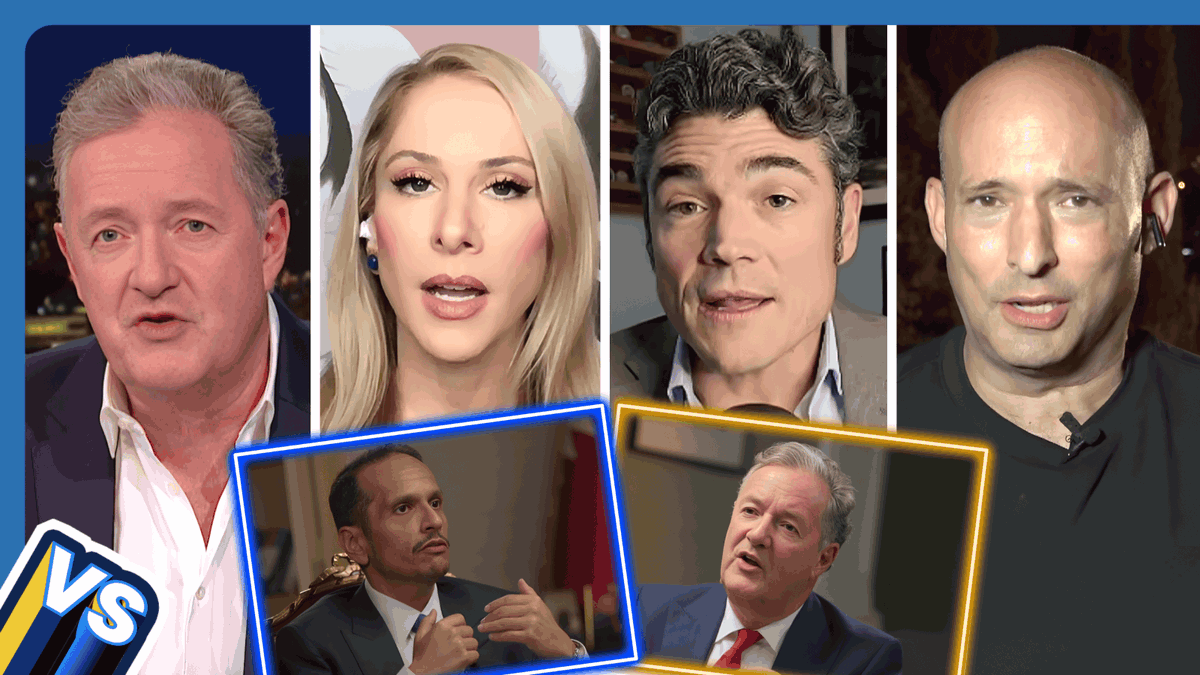 The image is a thumbnail-style collage featuring multiple people in a "vs" debate format, with a "VS" graphic in the bottom-left corner and inset frames showing what appears to be a confrontation between a man resembling Ben Shapiro and Piers Morgan. The layout suggests a political commentary video, likely analyzing Ana Kasparian's debate performance against a conservative commentator, as referenced in the caption.