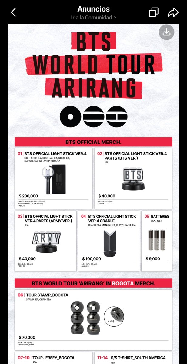 ARMYBogotaCol's tweet photo. 💜 INFORMACIÓN OFICIAL | BTS WORLD TOUR ‘ARIRANG’ IN BOGOTÁ

https://t.co/JuuLCBewSY

HYBE confirmó los horarios y puntos de venta de productos oficiales, además de la información sobre la sincronización del ARMY Bomb durante los conciertos en El Campín.

🛍️ VENTA DE MERCH ANTES DEL CONCIERTO

📅 Jueves 1 de octubre
🕗 8:00 a. m. – 5:00 p. m.
📍 Proyecto Kinder — AC 63 #15-70

🏟️ VENTA DE MERCH EN EL ESTADIO

Viernes 2 y sábado 3 de octubre

📍 Puntos P2 y P4
🕗 8:00 a. m. – 11:00 p. m.

📍 P(1,2,4), Park North y Park South
🕒 3:00 p. m. – 11:00 p. m.

⚠️ La venta podrá suspenderse temporalmente desde una hora antes del concierto hasta la apertura de puertas y también durante el show, para facilitar la operación.

💳 Métodos de pago
• Efectivo o tarjeta.
• Todos los pagos serán únicamente en pesos colombianos (COP).
• Algunas tarjetas podrían no ser aceptadas según las condiciones del banco.
• No habrá bolsas de compra, así que tengan esto en cuenta.

IMPORTANTE
• Los productos pueden agotarse antes de finalizar el horario de venta.
• El límite de unidades por producto puede variar según disponibilidad.
• No hay cambios ni devoluciones por cambio de opinión.
• Para productos defectuosos será necesario presentar el comprobante de compra.
• No hagan filas durante la noche. HYBE advierte que estas filas pueden ser disueltas y no se hará responsable por la seguridad durante ese periodo.
• Eviten comprar productos no oficiales. La mercancía oficial estará disponible en estos stands y en canales oficiales como Weverse.

💜 ¿Y EL ARMY BOMB?

¡Buenas noticias! NO será necesario realizar un emparejamiento individual por asiento desde la aplicación.

El concierto contará con efectos sincronizados y estos se activarán automáticamente al encender el:

✨ BTS OFFICIAL LIGHT STICK Ver.4

🔋 Recuerden llevar 3 pilas alcalinas AAA nuevas. Si las pilas tienen poca carga, el brillo puede disminuir y la conexión inalámbrica podría dejar de funcionar.

⚠️ La Ver.3 y la SE no son compatibles con los efectos inalámbricos del concierto.

Ya falta muy poco. 💜