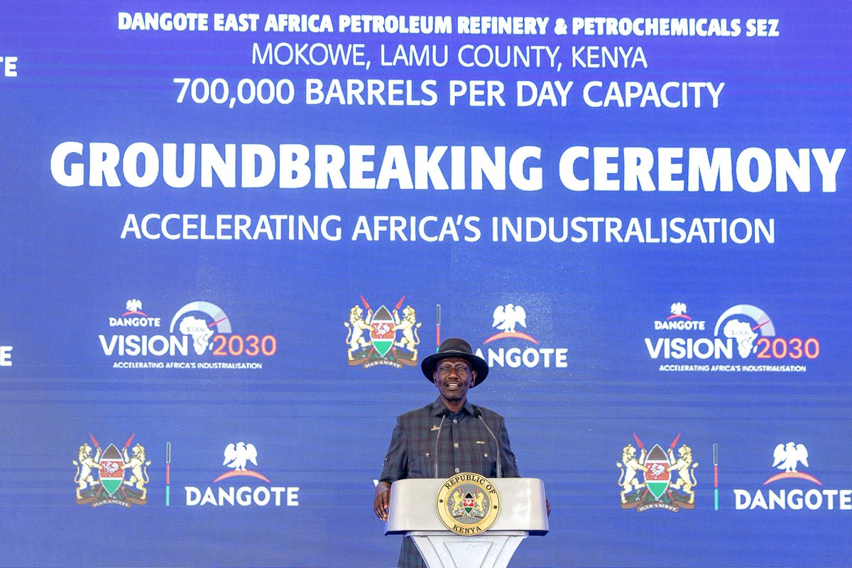 ray_omollo's tweet photo. To realise the goals of Kenya Beyond Vision 2030, we must also advance the wider African aspiration of transforming our continent from primarily a consumer of finished products into a continent that produces, processes and exports. That transformation will require deliberate investment and, importantly, intentional leadership by African leaders.

The Dangote East Africa Petroleum Refinery and Petrochemicals SEZ in Lamu is a step in that direction. 

With a planned capacity of 700,000 barrels per day, it will process crude oil from Lokichar in Turkana, other parts of Africa and international markets, supplying refined petroleum products to Kenya and the wider East and Central Africa markets.

The project is expected to create more than 60,000 jobs while opening opportunities in storage, logistics, shipping, manufacturing and petrochemicals. 

Located along the Lamu Port, South Sudan and Ethiopia Transport (LAPSSET) Corridor, it will also strengthen Lamu's position as a regional gateway for energy, trade and investment.

Presided over by H.E. President @WilliamsRuto and @AlikoDangote, CEO of Dangote Industries Limited, we joined other Heads of State, national leaders and high-profile dignitaries from across the continent for the groundbreaking ceremony of the Dangote East Africa Petroleum Refinery in Mokowe, Lamu County.