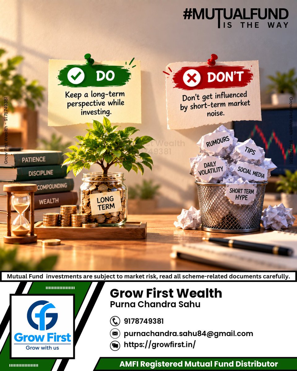 Growfirstt's tweet photo. Long-term investing needs patience, discipline, and focus—don’t let short-term market noise distract you from your financial goals. 📈🌱
#growfirst  #MutualFunds #Investing #LongTerm #WealthCreation #FinancialGoals https://t.co/CebVE5G83n