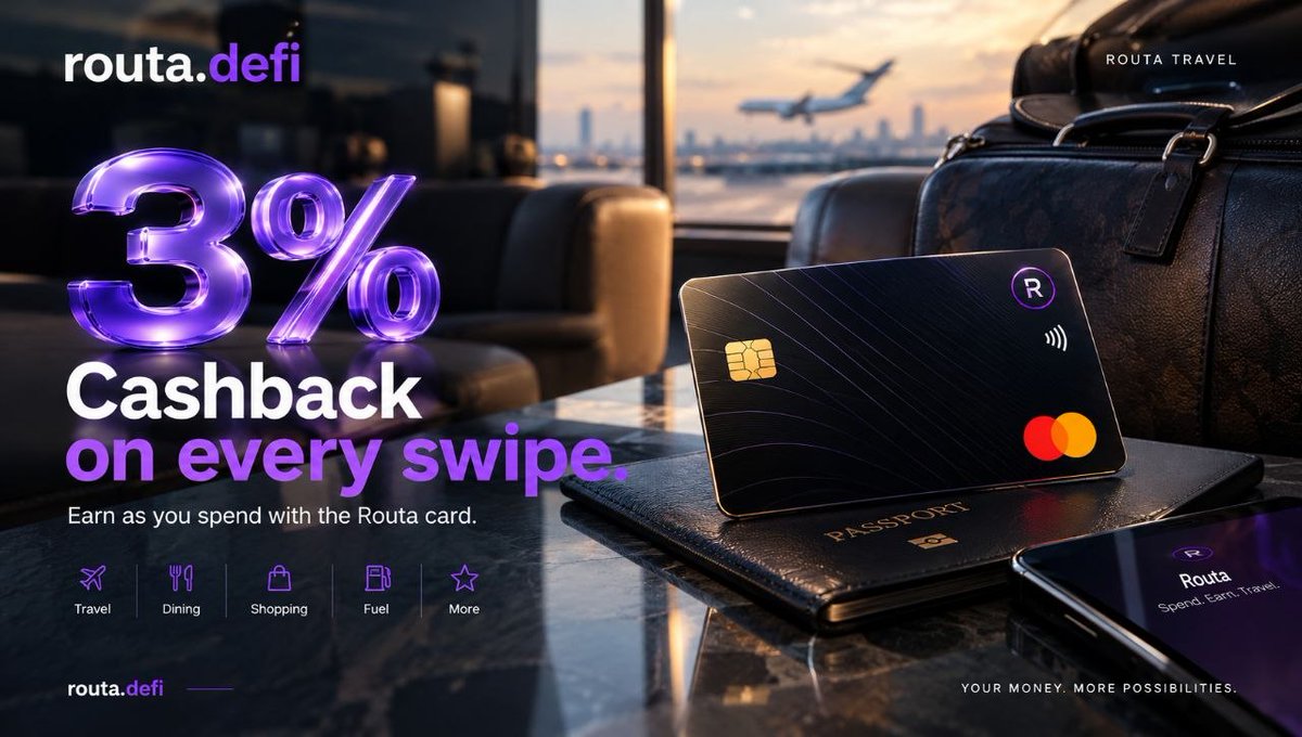 Routa_DeFi's tweet photo. Spend money. Get something back.

With the RoutaDeFi card, your everyday spending can come with 3% cashback.

Travel. Dine. Shop. Fuel up.

Your money should do more than leave your account.

💳 RoutaDeFi

🌐 https://t.co/y9X1UDLAO8

#RoutaDeFi #Cashback #DeFi #Crypto #Fintech https://t.co/c5kvdFvuDe