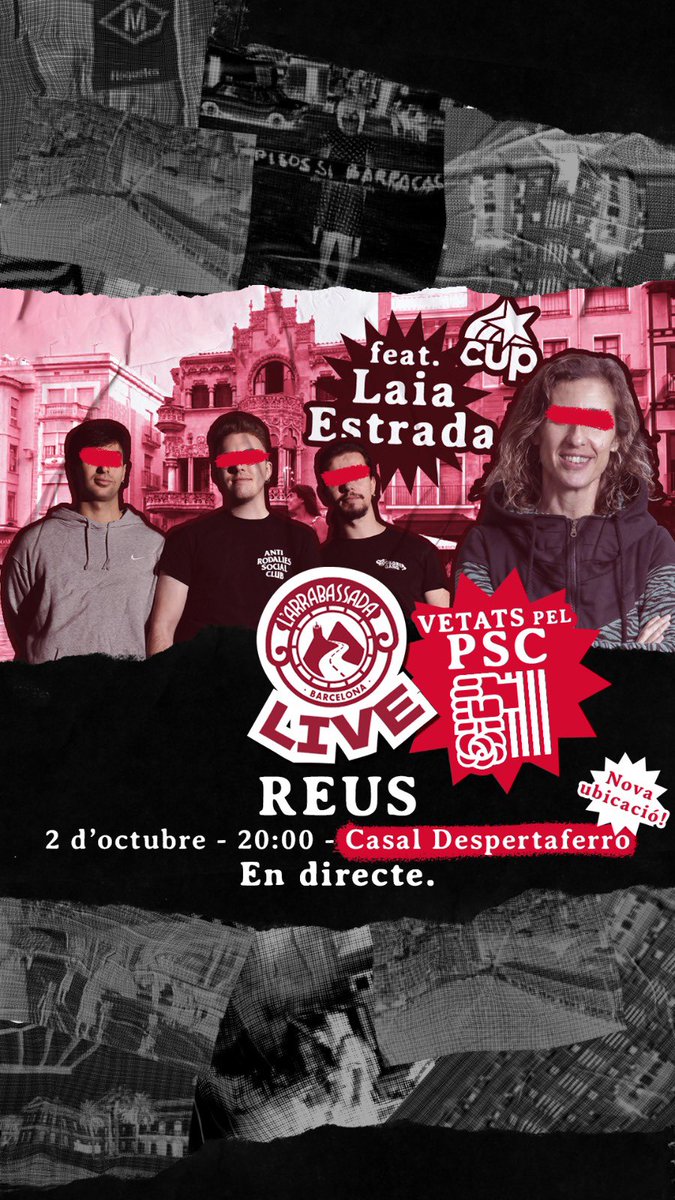 larrabassadabcn's tweet photo. ARRABASSAIRES 🔥⚠️

S’esdevé ARRABASSAMENTA en directe amb la gran @EstradaLaia 

Recordeu que canviem d’ubicació pel veto del PSC 🌹💀

Aforament il·limitat i entrada gratuïta! 🫡🎟️

Us hi esperem! https://t.co/tjW1ewbGxj