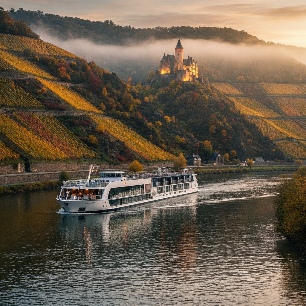 03804130's tweet photo. Is this real life? ! ✨ Waking up to views like this on the Moselle River is truly something out of a fairytale. The morning mist gently kissing Reichsburg Cochem, the golden glow on the autumn vineyards, and gliding smoothly by on the AmaSiena... https://t.co/GuwQeCyWYv
