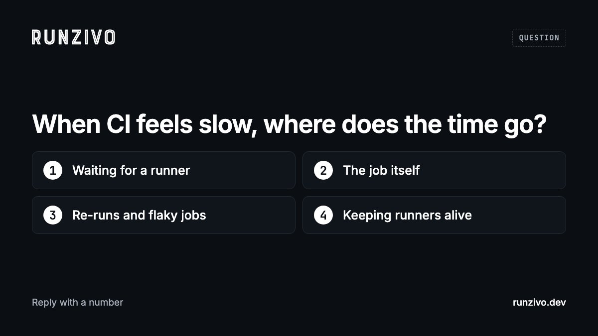 runzivo's tweet photo. Teams on GitHub Actions: when CI feels slow, where does most of the time go?

1. Waiting for a runner
2. The job itself
3. Re-runs and flaky jobs
4. Keeping runners alive

Reply with a number. If you ran yesterday's check, share what you found. https://t.co/3eSRV1J1Y6