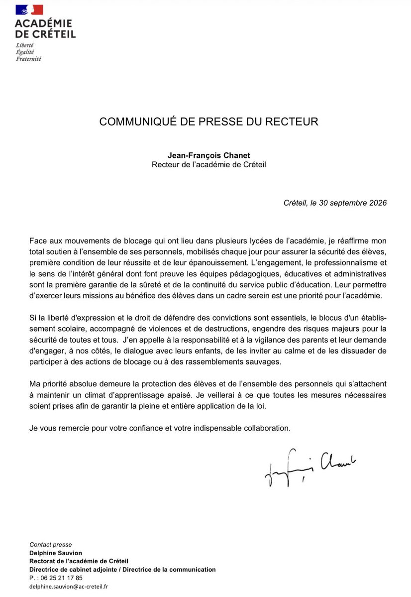 AcCreteil's tweet photo. Communiqué de presse du recteur. https://t.co/Wki5cFShcv