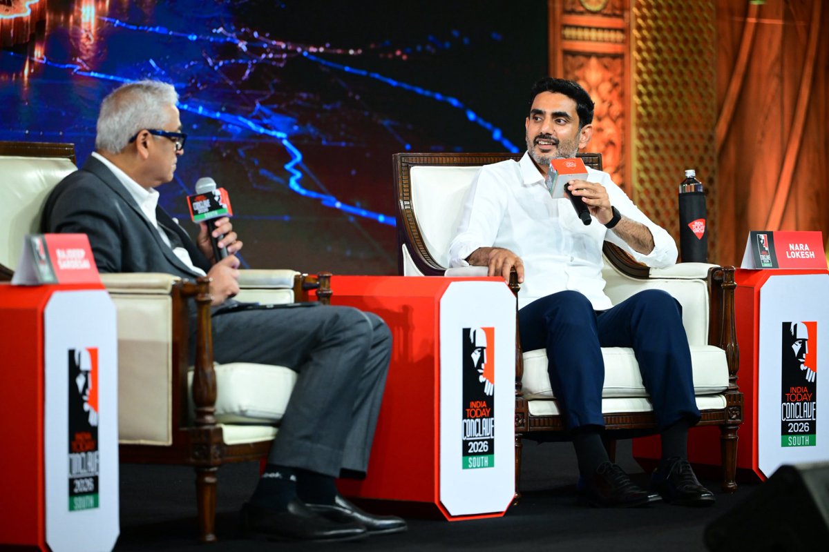naralokesh's tweet photo. Tough questions. And from one of the toughest in the business — @sardesairajdeep.

No scripts. No easy pitches. Just a candid conversation on Andhra Pradesh, Bharat, politics, governance and the road ahead.

A pleasure speaking at the @IndiaToday South Conclave in Kochi.
#IndiaTodayConclave2026 
#IndiaTodayConclaveSouth