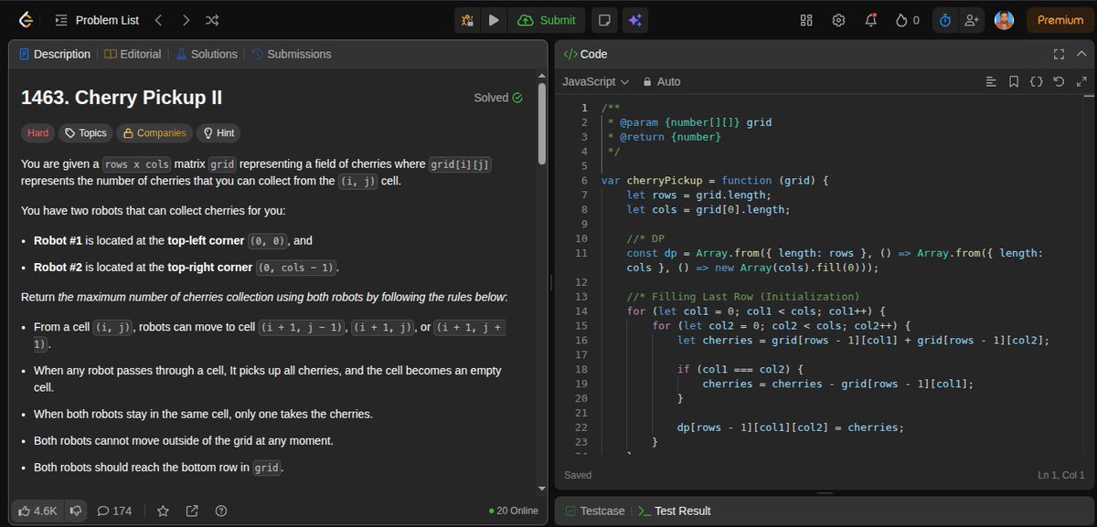 Zaryab_005's tweet photo. Day 300 of DSA

Revised
Get Longest Increasing Subsequence

NEW
Cherry Pickup
Cherry Pickup II

Completed DP on Grids ✅
Next target: Game Strategy DP 🎮

#DSA #100DaysOfCode #LeetCode #DynamicProgramming #DP #JavaScript #Coding #SoftwareEngineering #Day300 https://t.co/eaqcQfLLqX
