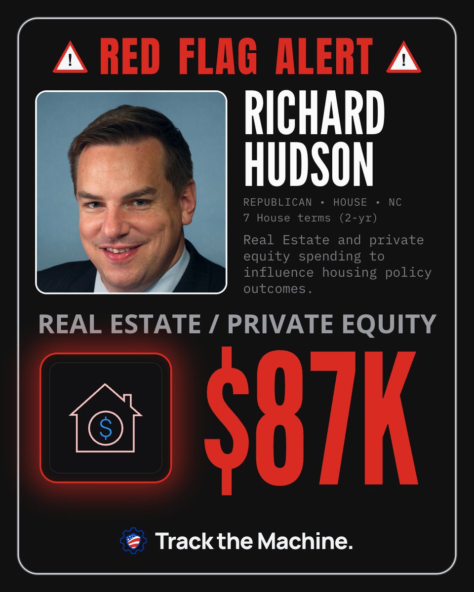TurnLeftPAC's tweet photo. π© RED FLAG: Per @TracktheMachine, FEC reports show Richard Hudson (R-NC) has received $87K in total donations from real estate and private equity. Track the money, all the way to the vote. #TrackTheMachine https://t.co/aHjOLIyfeb