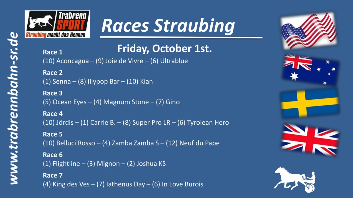 TrabrennbahnSR's tweet photo. Summer is over, autumn has arrived – and the Straubing race track is ready for another pair of race days. On Thursday there are races being broadcast.
https://t.co/67FgZdET1n
#prémium #horseraces #usharness #BetAndWin #racing #BETTING #usbetting #ustrotting #trifecta #champions https://t.co/w1lupnaiXG