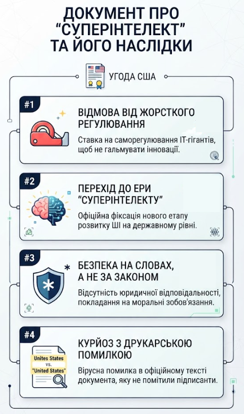 Baza_inc's tweet photo. У БІЛОМУ ДОМІ ПІДПИСАЛИ УГОДУ ПРО «СУПЕРІНТЕЛЕКТ» — І ОДРАЗУ ОСОРОМИЛИСЯ З ОДРУКІВКОЮ

Дональд Трамп разом із Маском, Цукербергом, Пічаї, Хуангом, Амодеї та Брокманом підписали угоду щодо безпеки Super Intelligence — так адміністрація США тепер офіційно називає ШІ.

Документ передбачає внутрішній контроль, незалежні аудити та нагляд рад директорів.

Але увагу мережі забрала інша деталь: під підписом Трампа США назвали «Unites States» замість «United States».

#SuperIntelligence #AI #Трамп