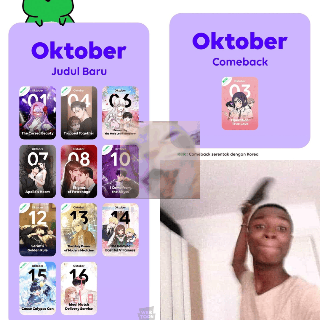 WEBCOMICFESS's tweet photo. gepeng! comeback serentak2 taik kucing 🙄 yang comeback bulan Oktober cuma 1 judul doang 😇 lisensi manhwa baru mulu ntar ujung-ujungnya ditelantarkan juga wkwk, lama-lama ntar kagak bakalan ada yang comeback https://t.co/qE3axqOju6