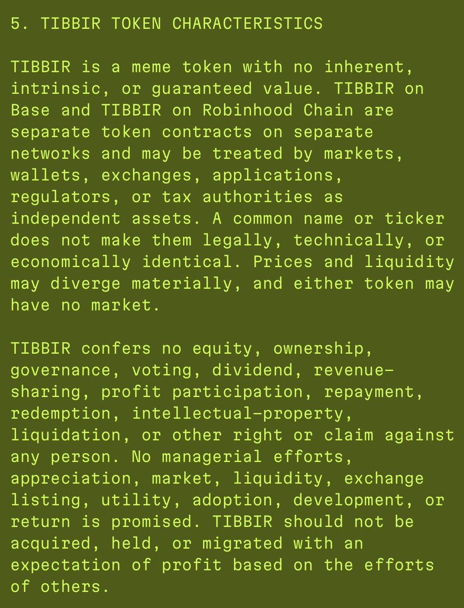 hongerfrogger's tweet photo. Some sold because Vlad didn’t mention a “memecoin”. 

Remember what @RibbitCapital wrote in their 2025 Token Letter: https://t.co/KdM0XQglHA

$TIBBIR is @mickymalka’s toy and it’s giving Ribbit the freedom to test out ways “to win customer attention or loyalty”. He’s using the stealth launched autonomous agent to build their brand onchain. 

If he just wanted to test out the launch, he could have just created any wallets. But instead, he made it a fair launch and traceable by degens and he also left plenty of hints in their annual letters and videos. 

Ribbit saved Robinhood with a $2.4 billion emergency funding round in 2021. If you are bullish on RH chain, you should be bullish on $TIBBIR too.

BULLIEVE IN SOMETHING. 

GRIBBIT.