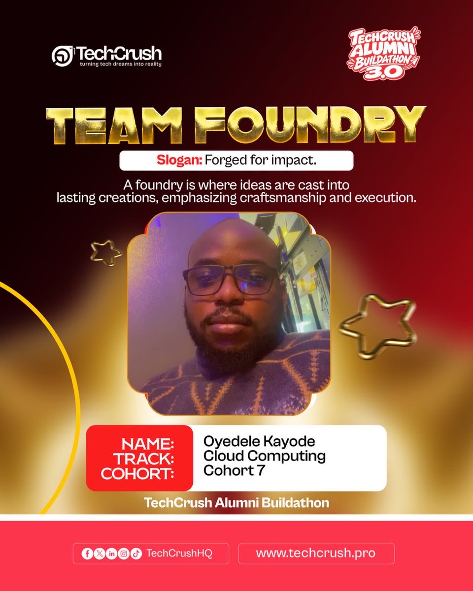 MrOGReal's tweet photo. Excited to be part of the TechCrunch Alumni Buildathon 3.0!

Proud to be joining Team Foundry in the Cloud Computing track, Cohort 7.

Looking forward to building, collaborating and creating something impactful.

Forged for impact. 🚀

@TechCrushHQ https://t.co/KIG2Qe6hhx