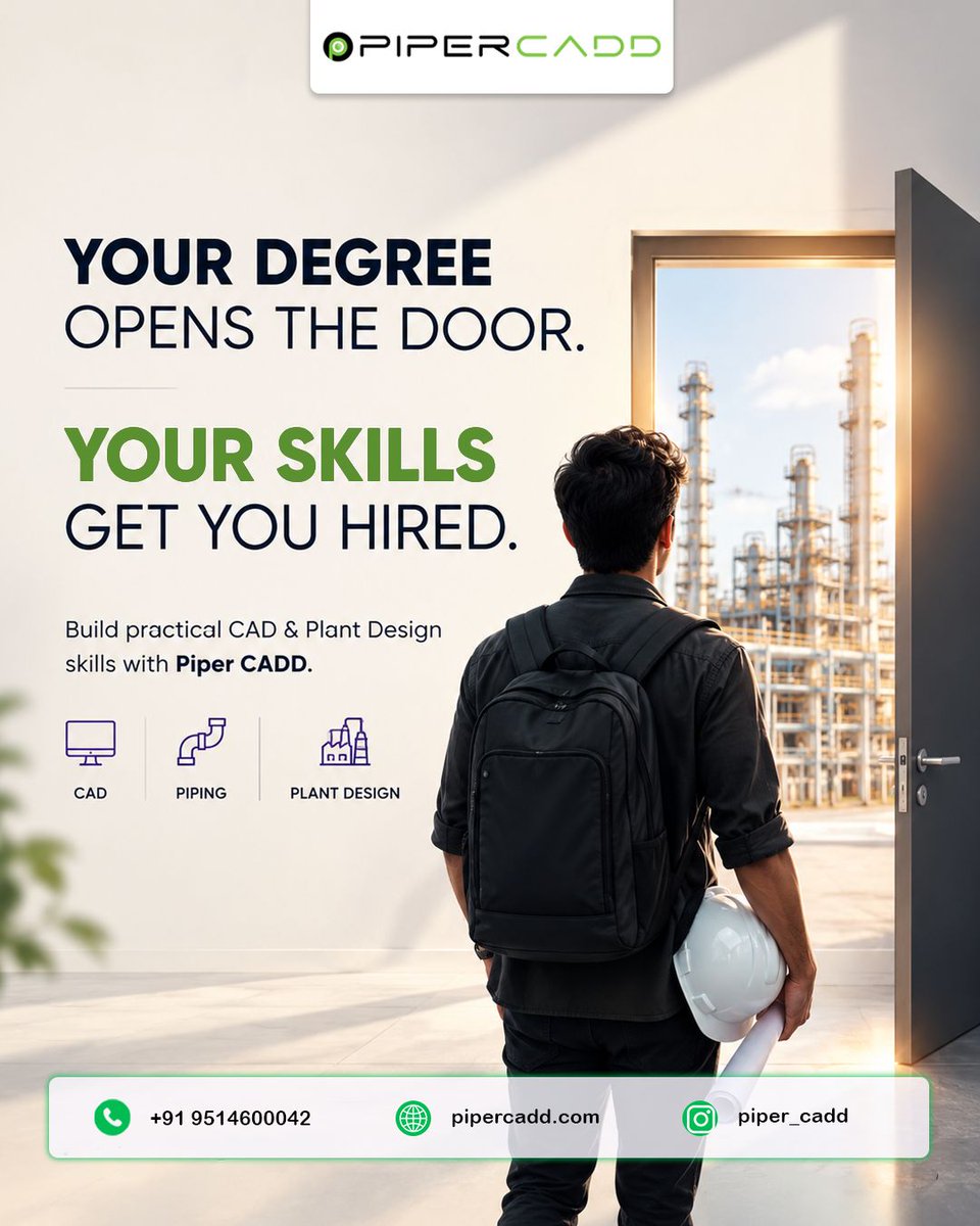 PiperCadd's tweet photo. Your degree opens the door. Your skills move your career forward. 🚀
Build practical CAD &amp; Plant Design skills with Piper CADD.

#PiperCADD #CADTraining #PlantDesign #PipingDesign #MechanicalEngineering #CareerGrowth #CADSkills #EngineeringCareer https://t.co/ijzZcnPzRn