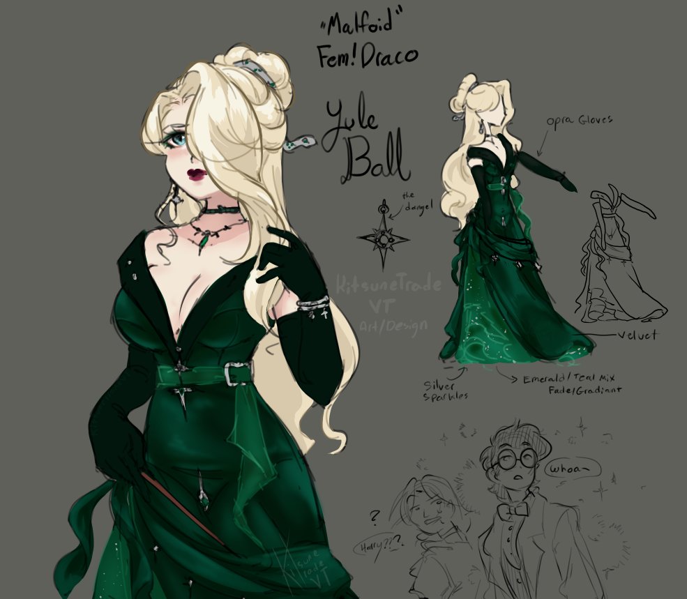 KitsuneTradeVT's tweet photo. Fem!Draco / Malfoid Yule Ball Design! #harrypotter

Immediately I had this very shimmering, but not too shiny emerald green fitted dress with a smooth flow like snakes. She deff' go for the hair over the eye in my opinion. https://t.co/APSndaafzI