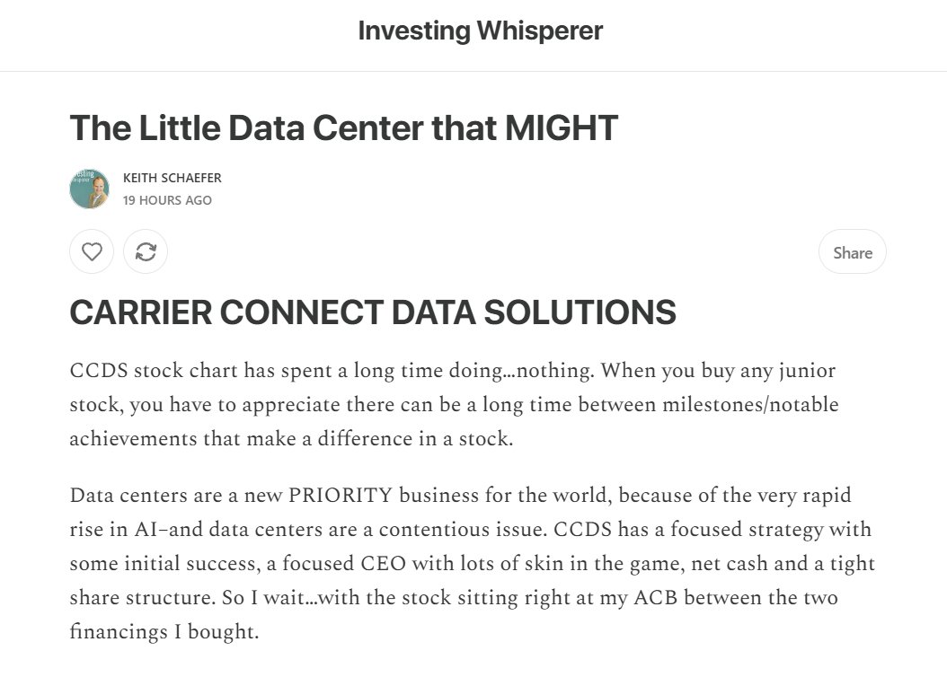 AllStreetsWolf's tweet photo. $CCDS.V Keith Schaefer Substack on behalf of @CarrierCDS 

"The Little Data Center that MIGHT" by @OilandGasInvest (He owns shares)

Summary take: Keith Schaefer's latest on Carrier Connect Data Solutions is worth a read as CEO Mark Binns answered seven direct questions, and the numbers stand out. 

• CCDS has about 4.2 MW of open, AI-ready capacity at Rochester and Perth that needs no upgrades. 

• Management estimates filling it could add C$13M to C$15M a year in revenue, 3x to 4x the current run-rate. New AI customers pay US$250K per MW per month, about 2.5x legacy rates. 

• An established global operator has signed an LOI for up to 25 MW, worth about C$100M a year at AI pricing, and the total sales funnel is over 150 MW. 

• CCDS buys operating data centers at about C$3M per MW, while new builds cost US$11M to US$18M per MW. 

• With net cash and a tight share structure, the next two quarterly reports could be key catalysts.

Full article: 
https://t.co/49RGhtAWWM