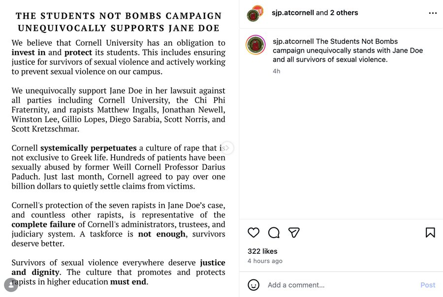 SJP at @Cornell "unequivocally stands with Jane Doe and all survivors of sexual violence," but invited Hasan "it-doesn't-matter-if-rapes-f***ing-happened-on-October-7" Piker to…