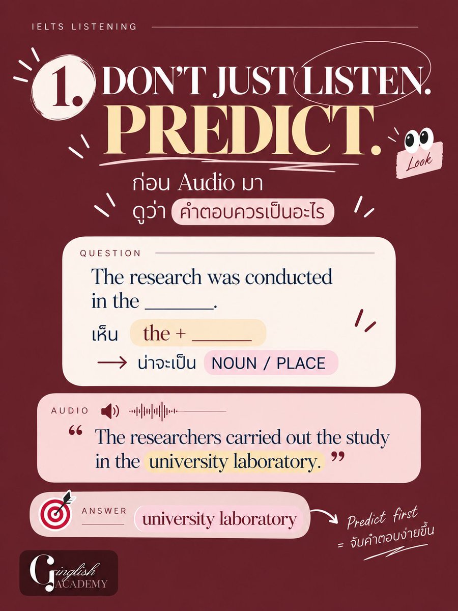 GinglishAcademy's tweet photo. IELTS Listening ฟังไม่ทันทุกคำ…ก็ทำคะแนนดีได้ 🎧✨

เพราะข้อสอบไม่ได้วัดว่าเรา “ฟังออกทุกคำ”
แต่วัดว่าเราจับ สิ่งที่สำคัญ ได้ไหม 👀

รวมไว้ให้ในโพสต์นี้แล้ว 💗

เซฟไว้ก่อนเข้าห้องสอบ แล้วจำประโยคนี้ไว้เลย:

YOU DON’T NEED TO CATCH EVERY WORD.
YOU NEED TO CATCH WHAT MATTERS. 🎧

#IELTS #IELTSListening #เรียนภาษาอังกฤษ #ติวIELTS #ภาษาอังกฤษ