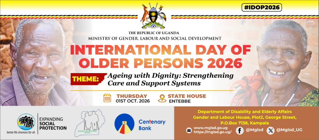 ericSsewak's tweet photo. Uganda will join the rest of the world in commemorating the International Day of Older Persons 2026 on 1st October, 2026 under the theme: “Ageing with Dignity: Strengthening Care and Support Systems”. 
#IDOP2026 
#SocialprotectionUg https://t.co/5zcs0lmq73