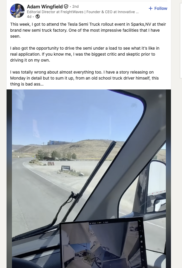TheEVuniverse's tweet photo. Probably nothing. The Editorial Director at FreightWaves, a core trucking media platform, on the @tesla_semi: https://t.co/ZgbsgPGcg3