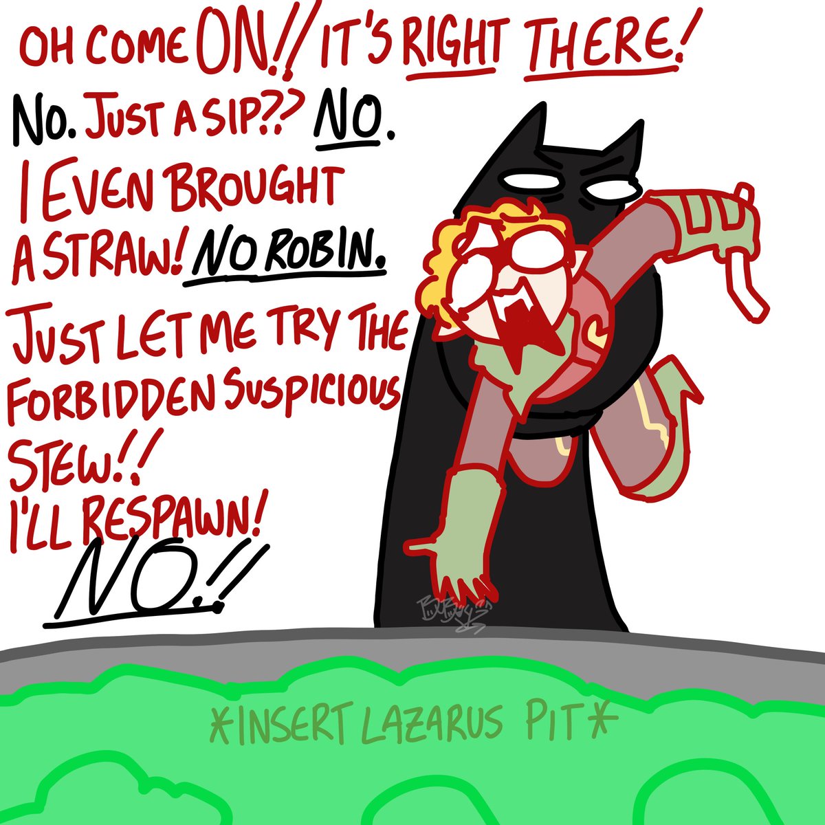 Bubvy_'s tweet photo. More of C!Tommy in Gotham with his cartoonish Minecraft abilities: Lazarus Pit  Edition

Let him drink it

#tommyinnitfanart #batmanfanart  #batfam #batfamily https://t.co/suTOx7f8WS