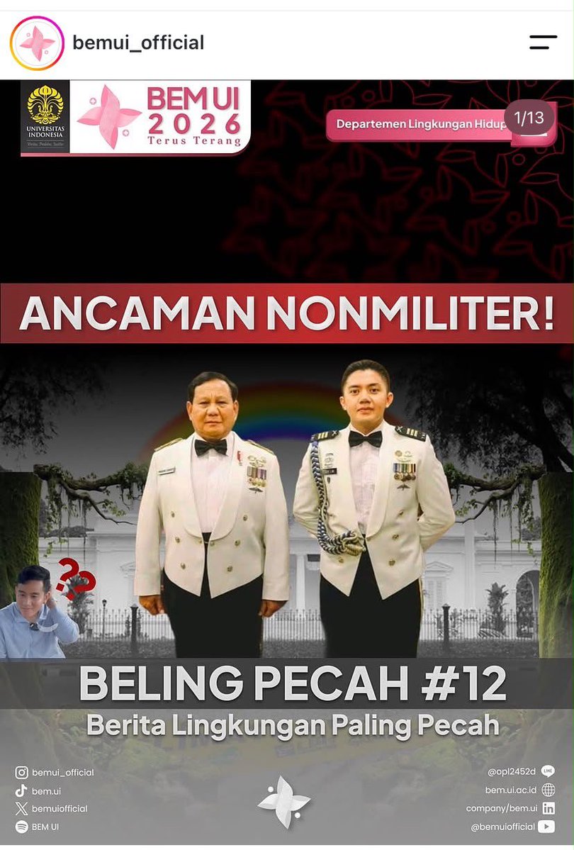 LambeSahamjja's tweet photo. njirr berani banget bem ui bikin postingan isinya:
- pemerintah bikin aturan yang bilang bencana alam dan pemanasan global itu ancaman negara
- tapi duit buat bnpb malah dipangkas dari 2 triliun jadi cuma 491 miliar, parah banget
- duit tambahan baru cair setelah krakatau meletus dan ntt gempa, telat banget kan
- banjir dan longsor di sumatera makan korban 1200 lebih, ratusan ribu orang ngungsi
- penyebabnya hutan udah gundul gara-gara tambang, sawit, dan penebangan liar
- hutan di papua ratusan ribu hektare dibuka buat proyek pangan dan energi
- keputusan buka hutan itu diem-diem, baru ketahuan setelah diminta sama tim advokasi
- warga adat gak dimintain izin, malah ada 162 orang yang dikriminalisasi
- status proyek strategis nasional jadi jalan pintas buat dapet izin buka hutan
- bem ui minta duit bencana dibalikin, stop buka hutan adat, cek izin tambang dan sawit, dan ubah uu biar anggaran bencana ada batas minimalnya