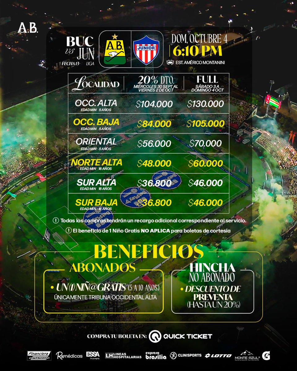 ABucaramanga's tweet photo. ¡𝐉𝐔𝐆𝐀𝐌𝐎𝐒 𝐄𝐍 𝐂𝐀𝐒𝐀!🏟️✨

Ya está disponible la boletería para nuestro próximo partido frente al Junior de Barranquilla, este domingo 4 de octubre nos a las 6:10 p. m. en el Américo Montanini.

Habra el 20% de descuento del miércoles 30 de septiembre al viernes 2 de octubre. 

𝐃𝐞𝐬𝐝𝐞 𝐞𝐥 𝐬𝐚́𝐛𝐚𝐝𝐨 𝟑 𝐡𝐚𝐬𝐭𝐚 𝐞𝐥 𝐝𝐨𝐦𝐢𝐧𝐠𝐨 𝟒, 𝐩𝐫𝐞𝐜𝐢𝐨 𝐟𝐮𝐥𝐥. 

𝐀𝐁𝐎𝐍𝐀𝐃𝐎: 
🧑‍🧒Un niño gratis de 5 a 10 años en la tribuna Occidental Alta.

🔗Compra tu entrada en: https://t.co/XXOZBLlKxb