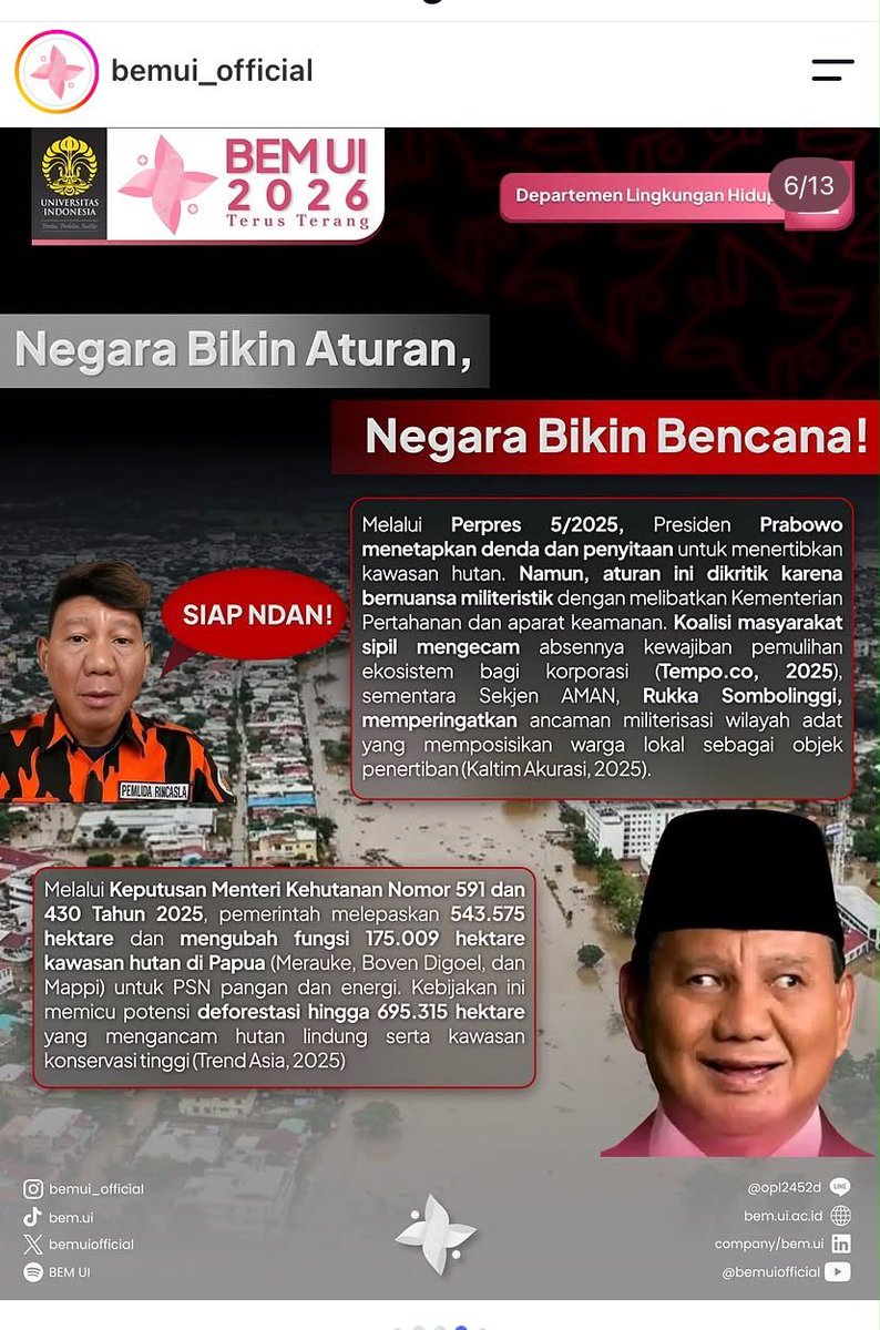 LambeSahamjja's tweet photo. njirr berani banget bem ui bikin postingan isinya:
- pemerintah bikin aturan yang bilang bencana alam dan pemanasan global itu ancaman negara
- tapi duit buat bnpb malah dipangkas dari 2 triliun jadi cuma 491 miliar, parah banget
- duit tambahan baru cair setelah krakatau meletus dan ntt gempa, telat banget kan
- banjir dan longsor di sumatera makan korban 1200 lebih, ratusan ribu orang ngungsi
- penyebabnya hutan udah gundul gara-gara tambang, sawit, dan penebangan liar
- hutan di papua ratusan ribu hektare dibuka buat proyek pangan dan energi
- keputusan buka hutan itu diem-diem, baru ketahuan setelah diminta sama tim advokasi
- warga adat gak dimintain izin, malah ada 162 orang yang dikriminalisasi
- status proyek strategis nasional jadi jalan pintas buat dapet izin buka hutan
- bem ui minta duit bencana dibalikin, stop buka hutan adat, cek izin tambang dan sawit, dan ubah uu biar anggaran bencana ada batas minimalnya